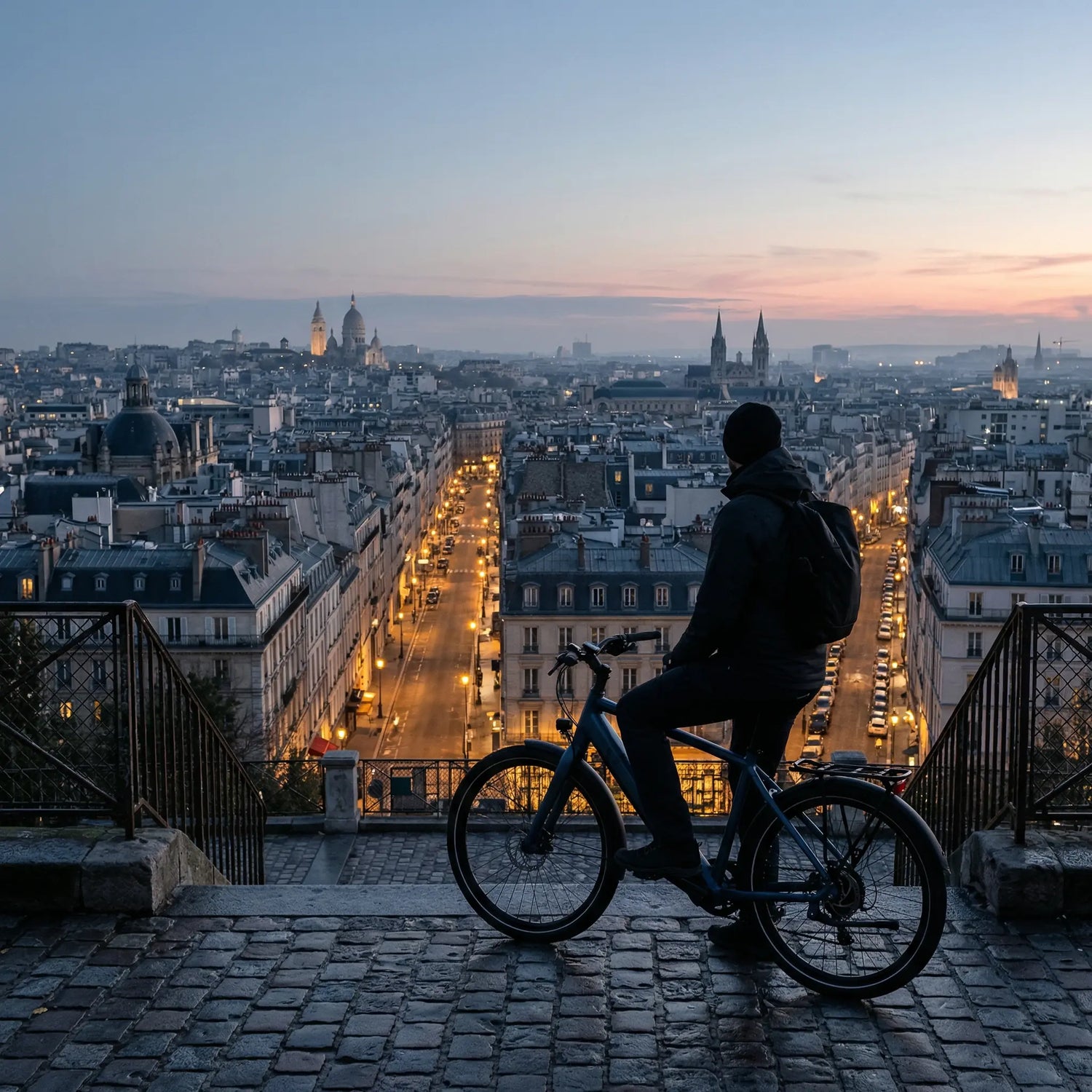 Elektrofahrrad bei Sonnenuntergang über den Dächern