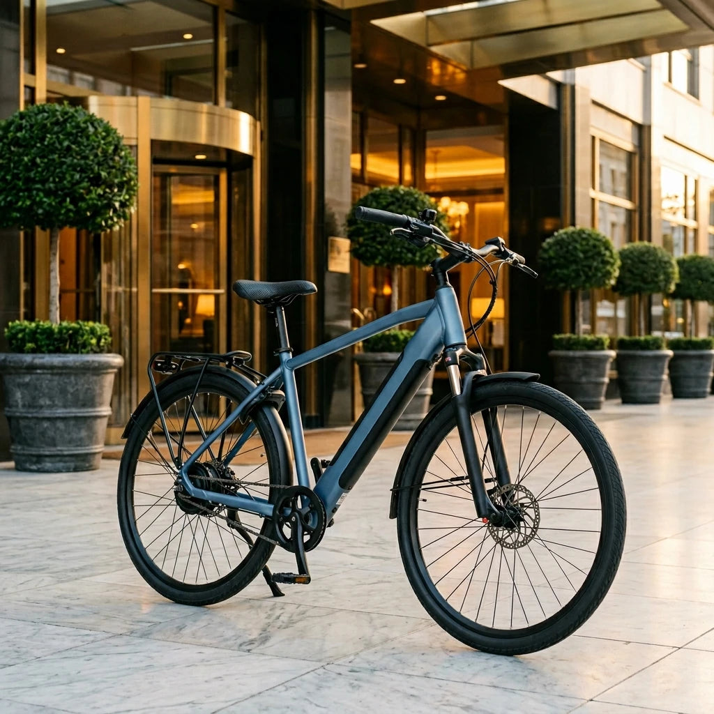 Rohloff Pro Elektrofahrrad in elegantem Blau vor luxuriösem Hotel